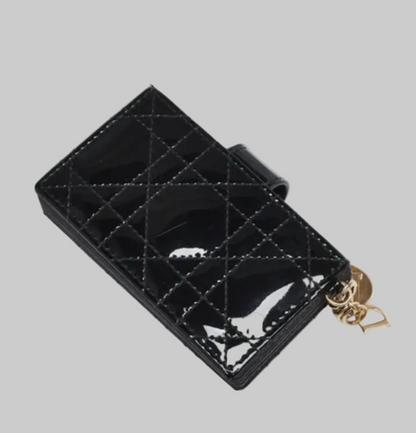 CHRISTIAN DIOR Patent Black Cannage Quilted Leather Lady Dior Gusset Card Case