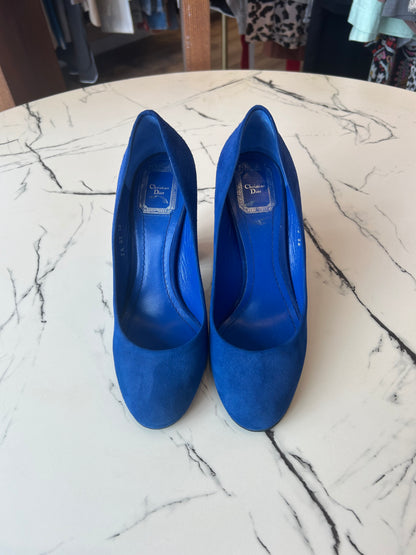 Christian Dior Blue Suede Leather Block Heel Round Toe Pumps - size 38