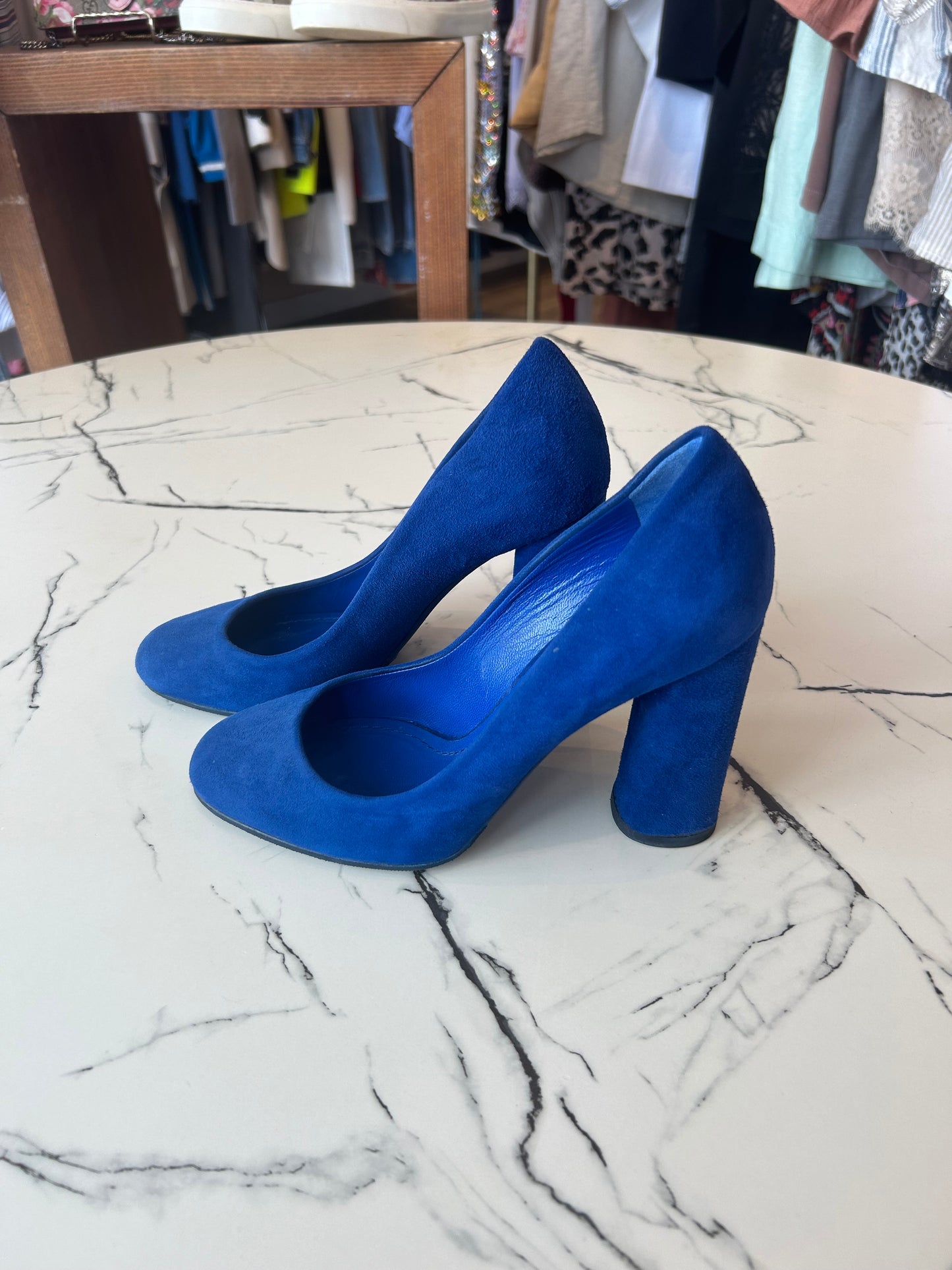 Christian Dior Blue Suede Leather Block Heel Round Toe Pumps - size 38