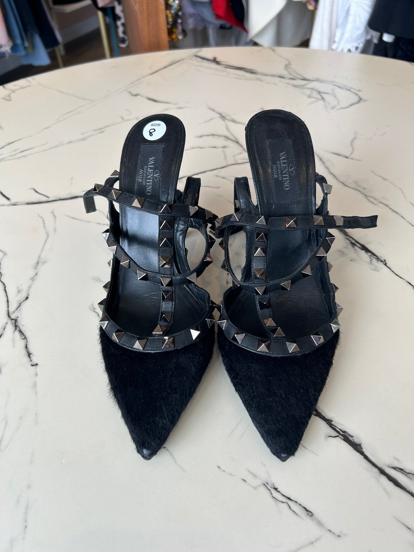 VALENTINO pony hair rockstud pointed toe pumps - size 8