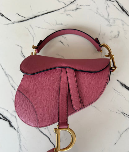 CHRISTIAN DIOR Rose Leather Mini Saddle Bag with canvas strap