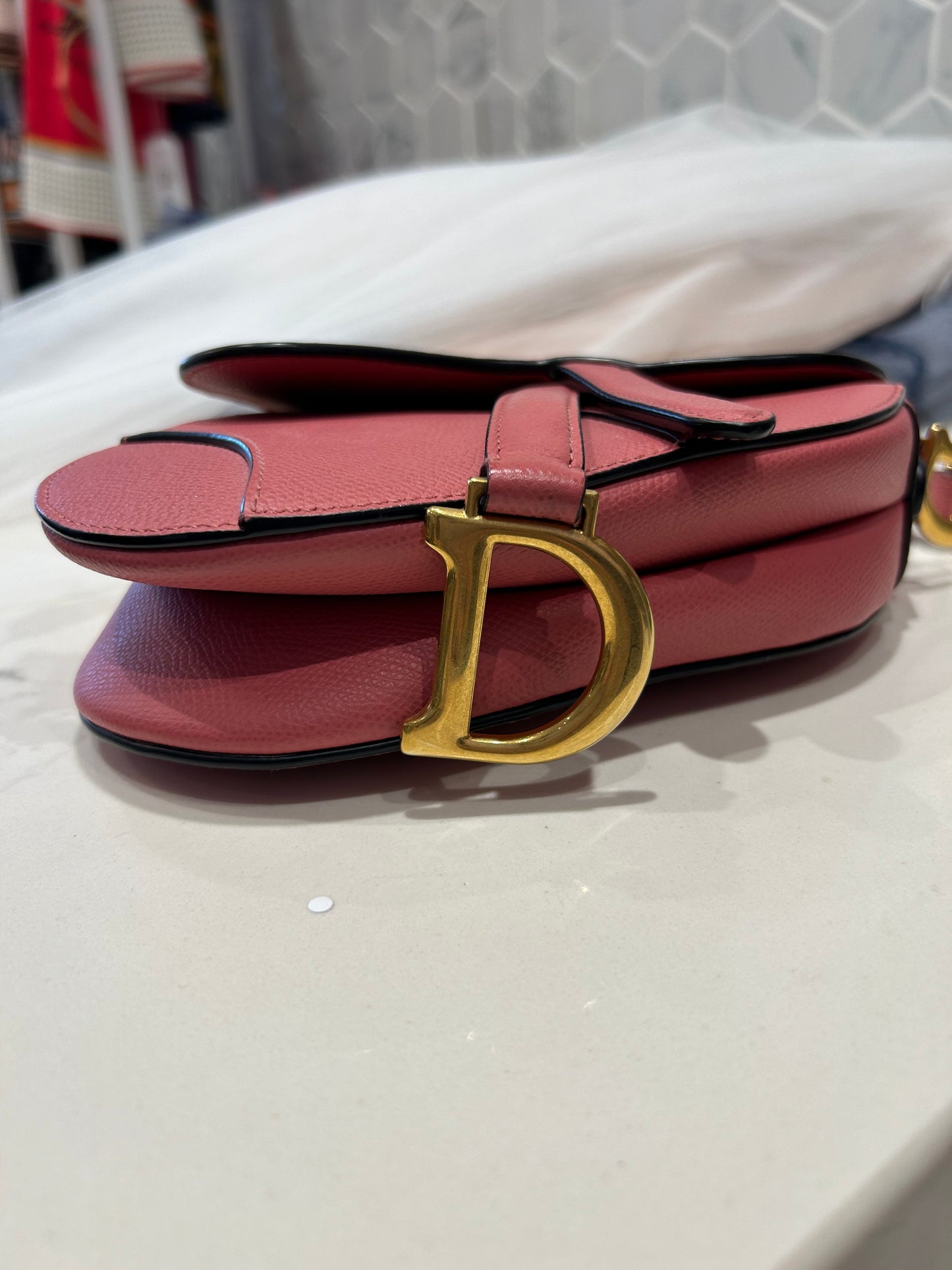 CHRISTIAN DIOR Rose Leather Mini Saddle Bag with canvas strap