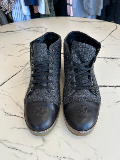 CHANEL Tweed Lace Up Boots- Size 40.5