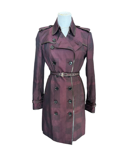 BURBERRY Burgundy Check Trench Coat - Size 6