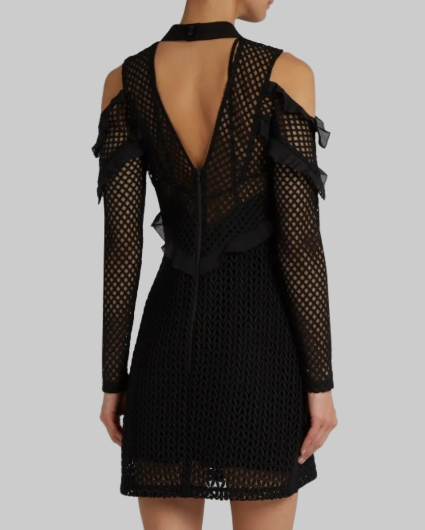 SELF-PORTRAIT Purl Knit Cold Shoulder Black Mini Dress - Size 4