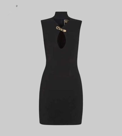 FENDACE Black Mini Dress With Gold Brooch - Size s
