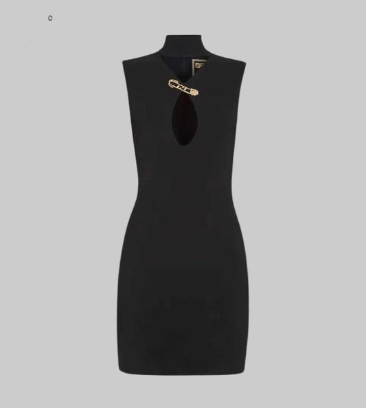 FENDACE Black Mini Dress With Gold Brooch - Size s