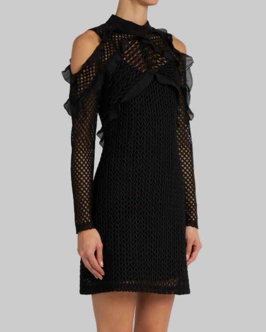 SELF-PORTRAIT Purl Knit Cold Shoulder Black Mini Dress - Size 4