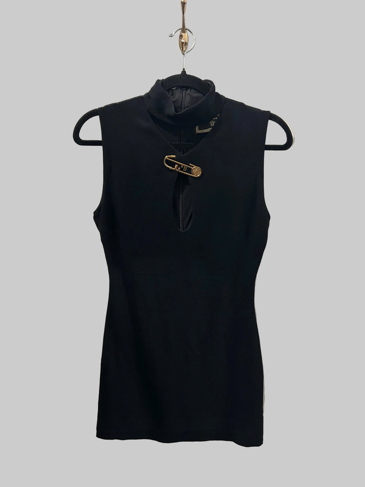 FENDACE Black Mini Dress With Gold Brooch - Size s